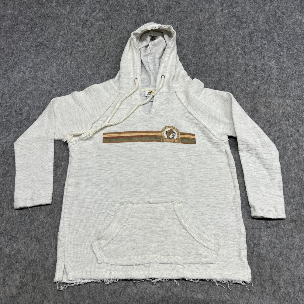 Bucees Hoodie Womens XS Gray Terry V Neck Stripe Logo Kangaroo Pocket Pullover